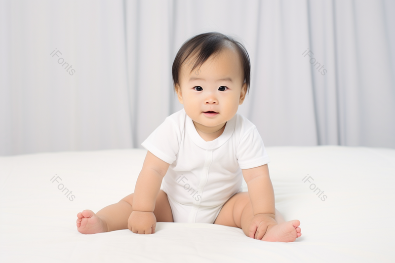 卧室里幸福的幼儿微笑看着镜头,高清,摄影图,摄影图片,图片大全,摄影图免费下载